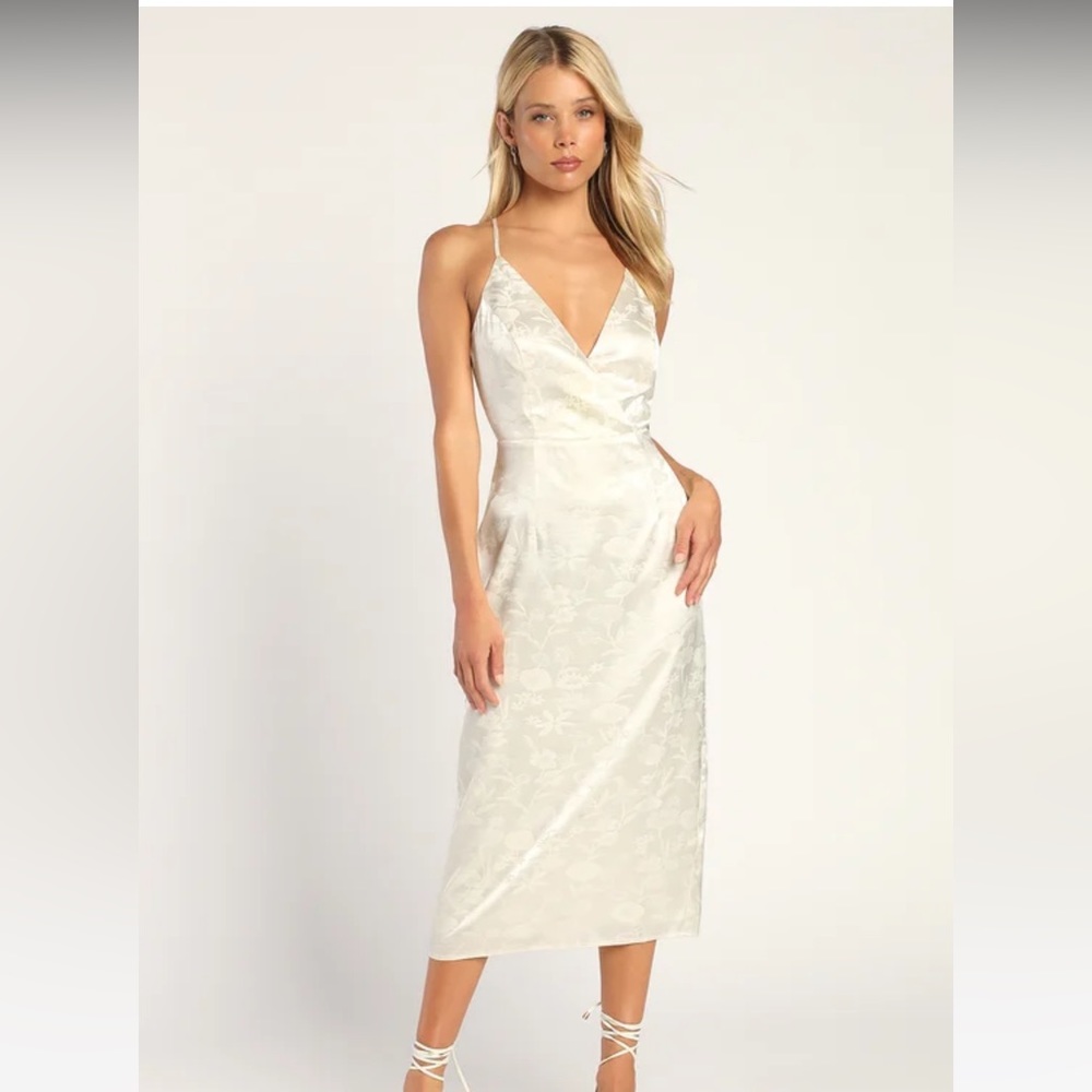 Lulu’s Elegant Essence Cream Floral Print Satin Midi Dress